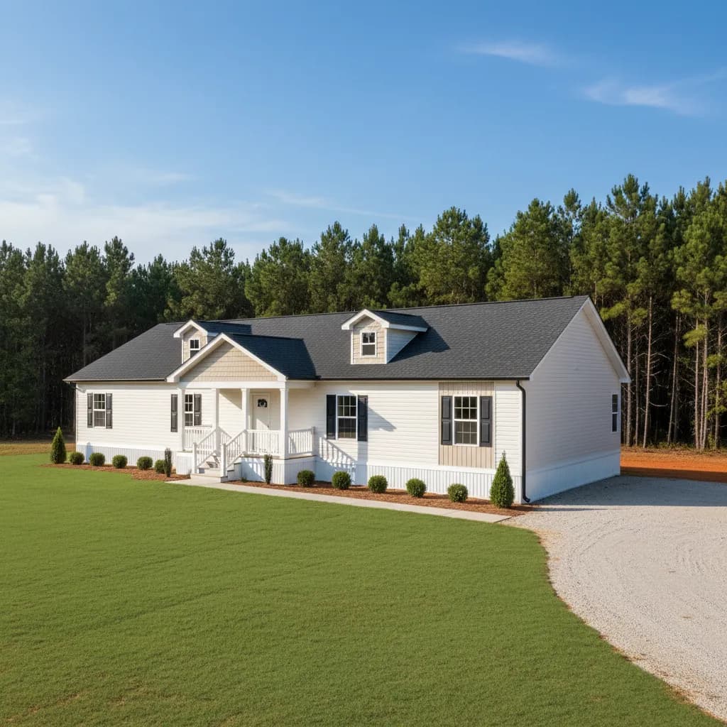 A large new double-wide manufactured home on a private acre of Georgia land near Augusta