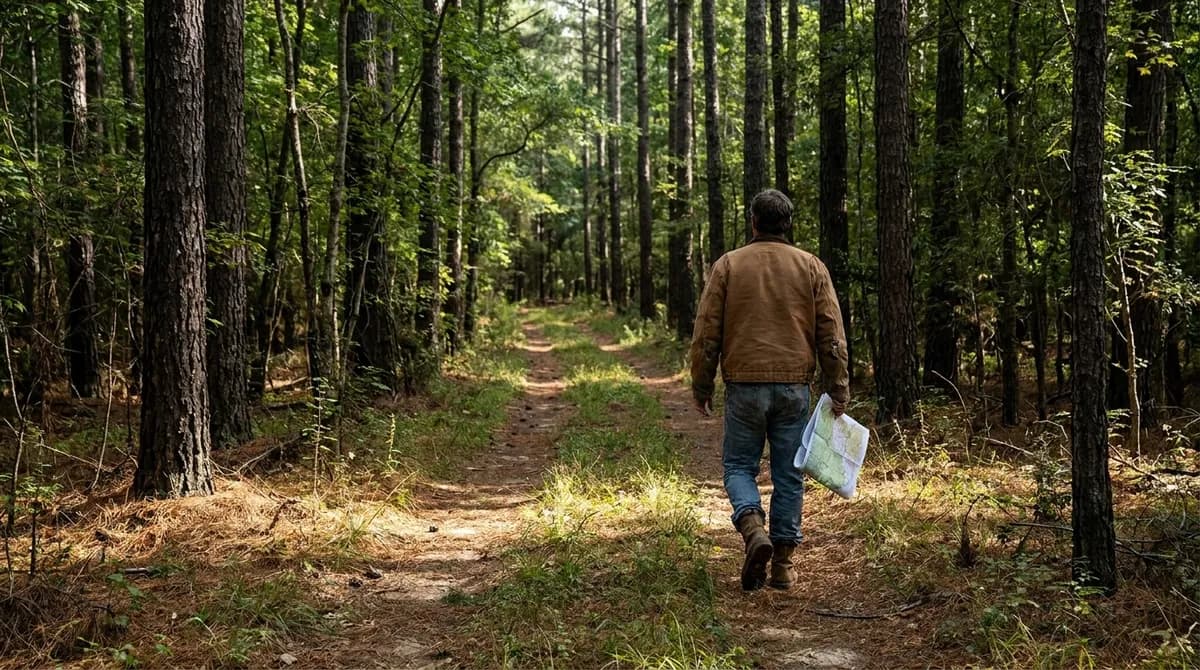 Owner walking a wooded rural Georgia parcel with a survey plat